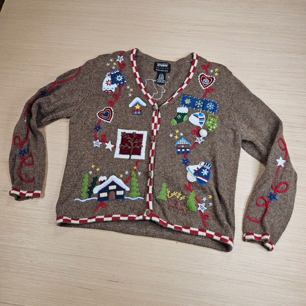 Christmas Ugly Sweater Cardigan Womens P/M Designers Originals‎ Studio Brown